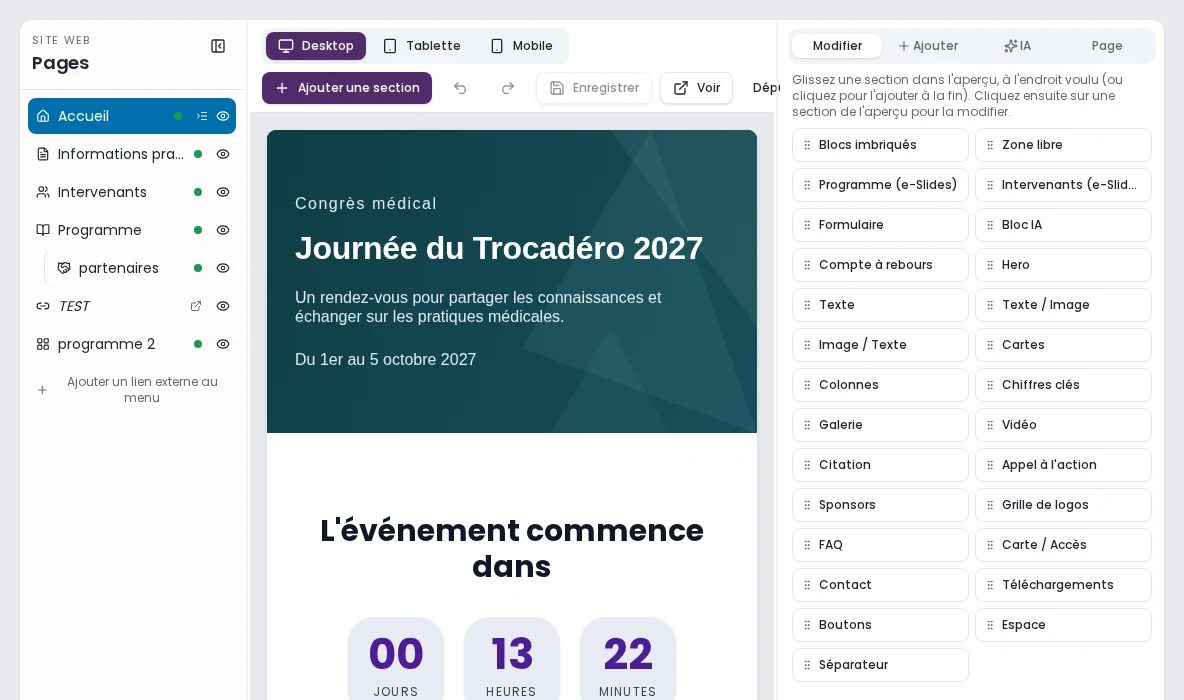 WebEvent — Site événementiel, capture réelle de l'application